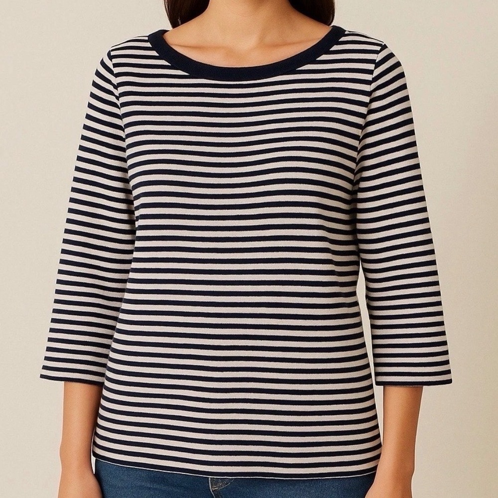 COS Navy White Striped 100% Cotton Ribbed Knit Top Boat Neck Sz L Coastal Preppy